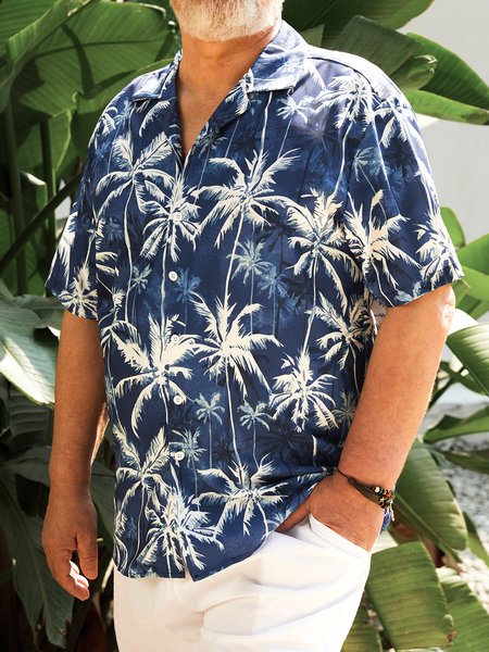 

Big size Coconut Tree Chest Pocket Short Sleeve Hawaiian Shirt, Blue, Men Shirts