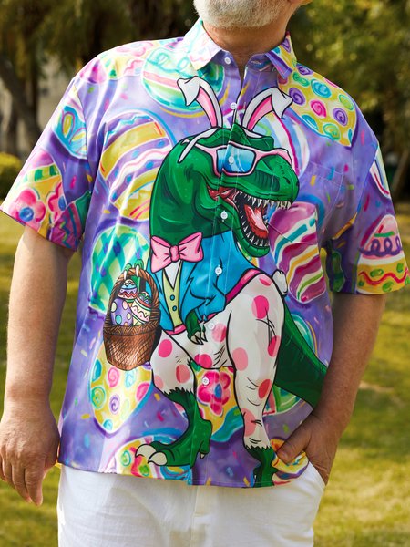 

Big Siz Dinosaur Easter Egg Chest Pocket Short Sleeve Shirt, Purple, Men Shirts