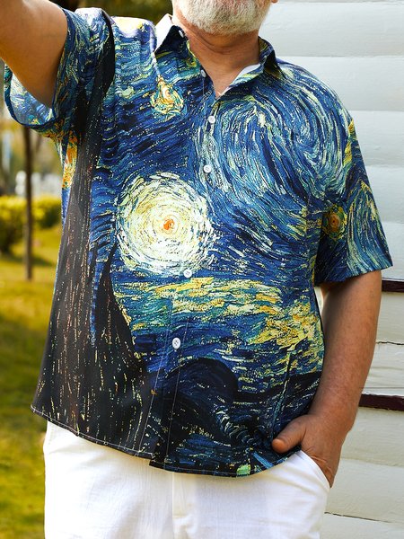 

Big Size Starry Night Short Sleeve Camp Shirt, Blue, Short Sleeve Shirts