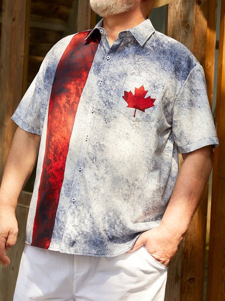 

Big Size Canada Day Chest Pocket Short Sleeve Bowling Shirt, Gray, Men Shirts