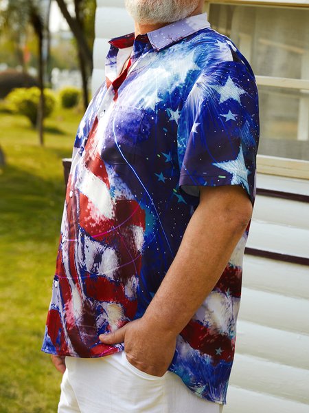 

Big Size American Flag Chest Pocket Short Sleeve Shirt, Blue, Men Shirts