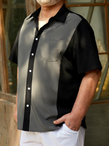 

Big Size Chest Pocket Short Sleeve Bowling Shirt, Black, Short Sleeve Shirts