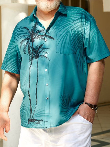 

Big Size Coconut Tree Chest Pocket Short Sleeve Hawaiian Shirt, Lake blue, Men Shirts