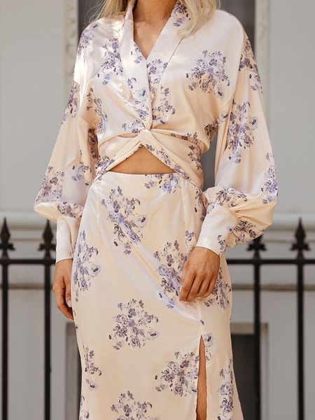 

V Neck Floral Satin Elegant Dress, White, Dresses