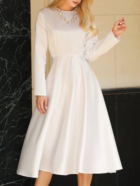 

Long sleeve Satin Plain Regular Fit Elegant Dress, White, Dresses