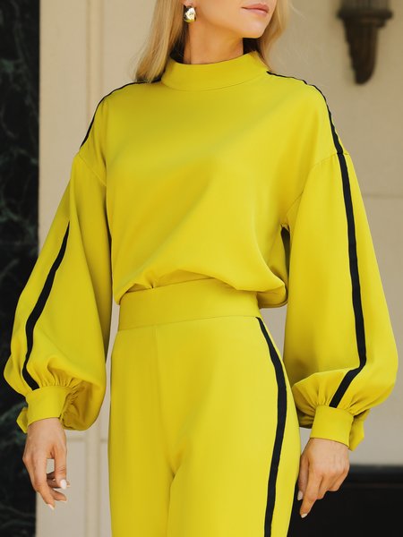 

Regular Fit Urban Stand Collar Color Block Long sleeve Blouse, Yellow, Blouses and Shirts