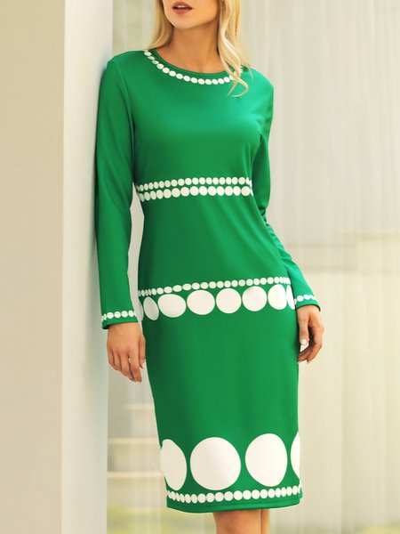

Polka Dots Elegant Tight Long Sleeve Midi Dress, Green, Dresses