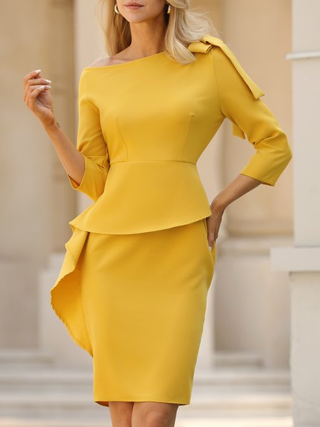 

Stylewe Elegant Plain Asymmetrical Regular Fit Midi Dress, Yellow, Dresses