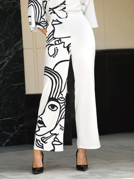 

Stylewe Commuting Fashion Abstract Print Fashion Wide leg Pants, White, Pants