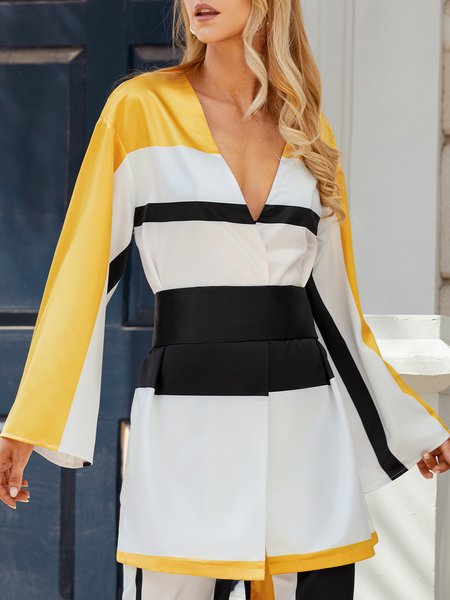 

Color Block V Neck Elegant Regular Fit Blouse, Yellow, Blouses and Shirts