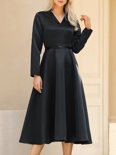 

Regular Fit V neck Long sleeve Elegant Long Party Dress, Black, Dresses