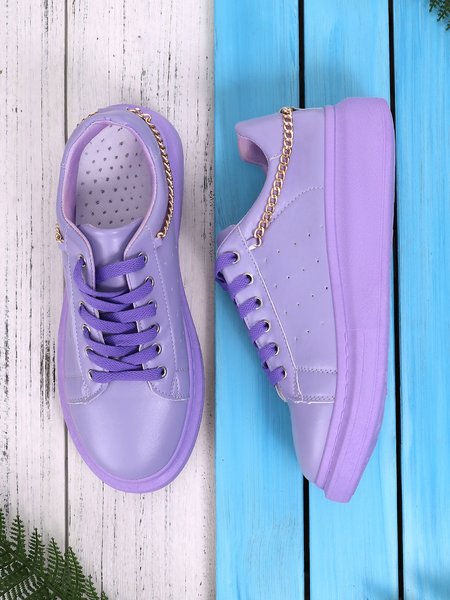 

Gold Chain Leather Flat Sneakers, Purple, Sneakers
