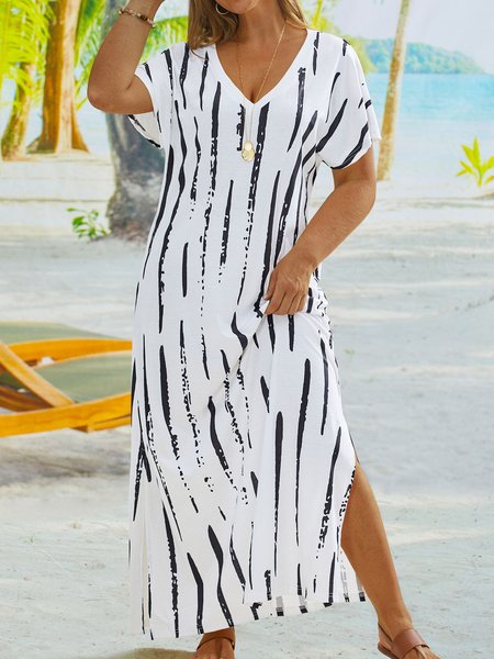 

Plus Size Striped Short Sleeve V Neck Casual Dress, Black-white, DRESSES