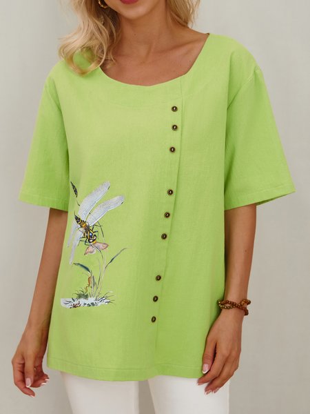 

Loose Crew Neck Boho Dragonfly Blouse, Green, Shirts & Blouses