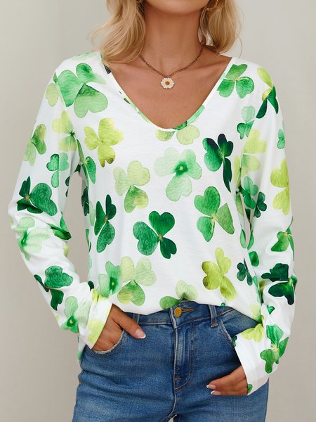 

Floral V Neck Regular Fit Casual T-Shirt, Green, T-Shirts