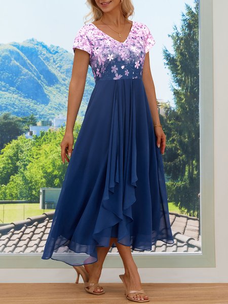 

Elegant V Neck Floral Dress, Blue, Formal Dresses