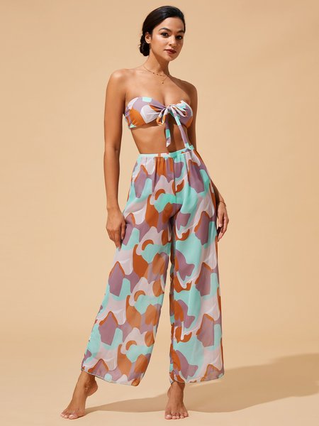 

Printing Strapless Abstract Vacation Bikini With Cover Up, Multicolor, Bikini Sets