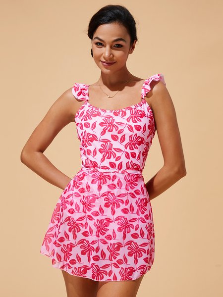 

Sexy Floral Printing Scoop Neck Swim Dress, Deep pink, Swimwear