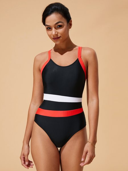 

Sports Color Block Scoop Neck One-Piece Swimsuit, Black, One-Pieces