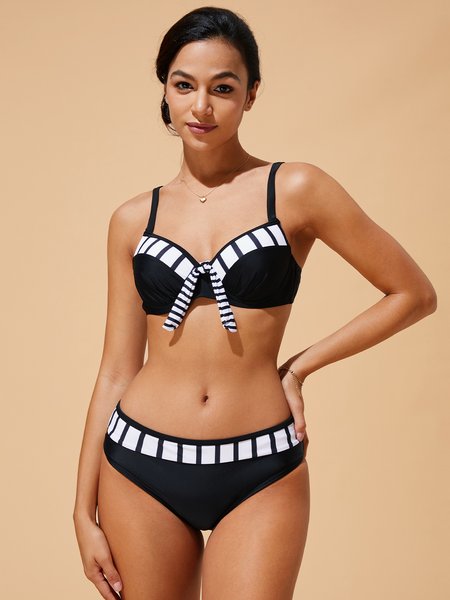 

Simple Striped Printing Scoop Neck Bikini, Black, Bikini Sets