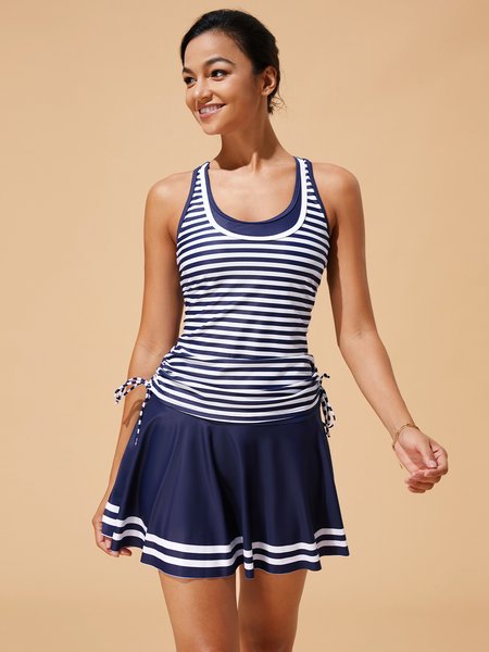 

Striped Casual Scoop Neck Swim Dress, Blue, Swimwear