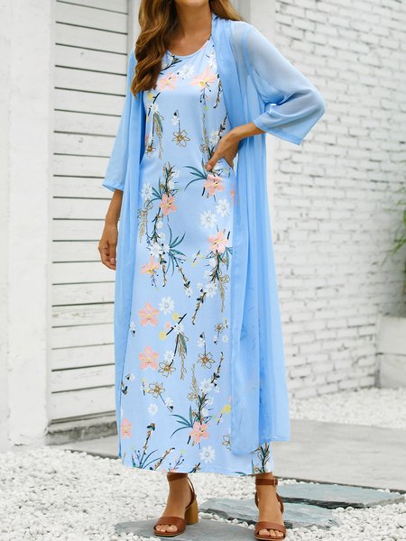 

Floral Sweet Long Sleeve Woven Dress, Sky blue, Maxi