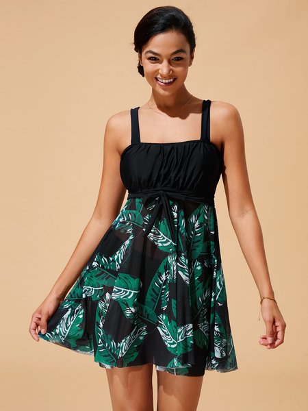 

Vacation Floral Printing Scoop Neck SwimdressTwo-Piece Set, Green, Tankinis Sets