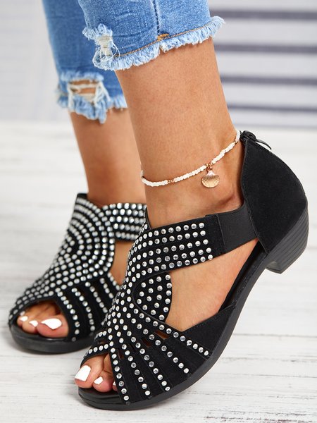 

Black Rhinestone Hollow Peep Toe Chunky Heel Dress Wedding Sandals, Sandals