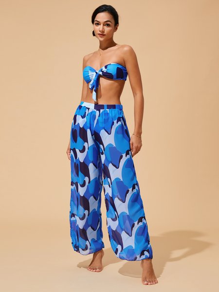 

Vacation Strapless Printing Abstract Bikini With Cover Up, Blue, Bikini Sets