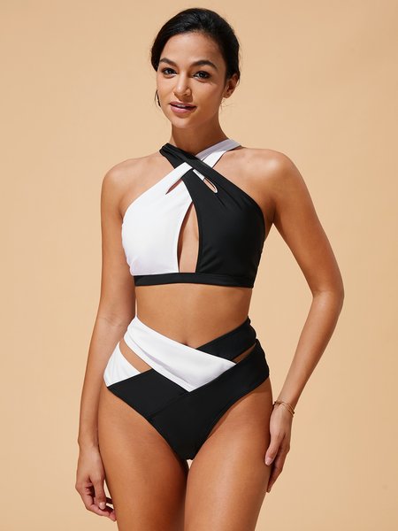 

Cross Neck Casual Color Block Bikini, Black-white, Bikini Sets