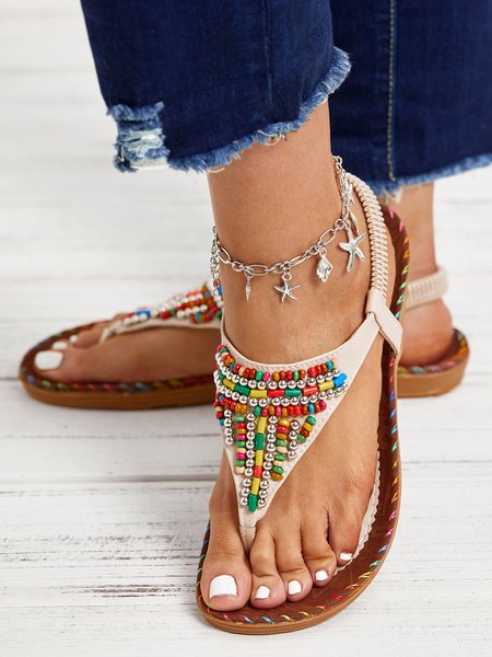 

Colorful Beaded Bohemian Beach Flip Sandals, Deep brown, Sandals