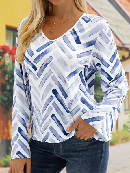 

Casual Geometric Regular Fit V Neck Top, Blue, Shirts & Blouses