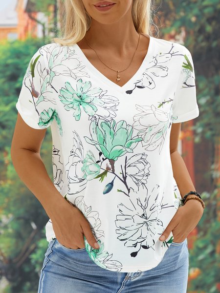 

Loose Floral V Neck Casual T-Shirt, Green, T-Shirts