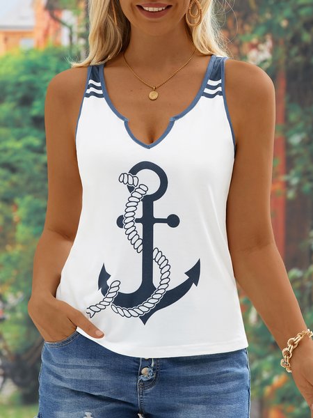 

Casual Anchor Print Contrast Binding Tank Top, White, Tanks & Camis
