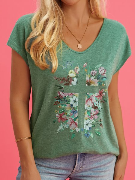

Floral V Neck Short Sleeve T-Shirt, Green, T-Shirts