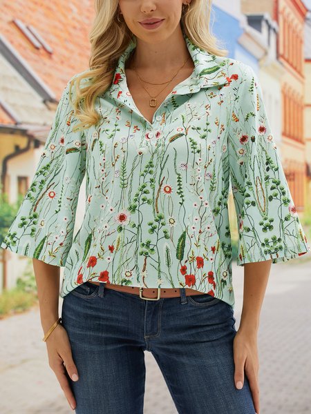 

V Neck Floral Loose Casual Shirt, Aqua, Shirts & Blouses