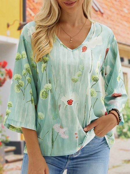 

Floral Linen Loose V Neck Shirt, Green, Shirts & Blouses