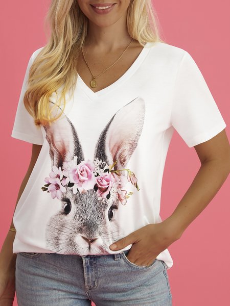 

V-Neck Loose Easter Bunny Print Short Sleeve Top, White, Shirts & Blouses