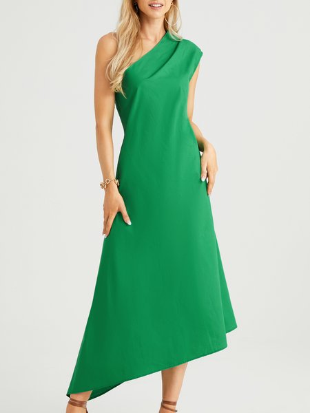 

One Shoulder Daily Regular Fit Elegant Plain Dress, Green, Dresses