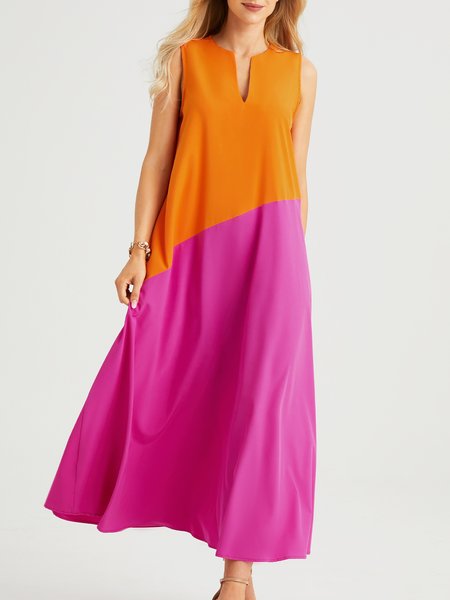 

Vacation Color Block Sleeveless Maxi Dress, Rose red, Dresses
