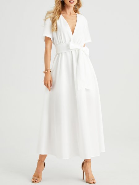 

Elegant Deep V Short Sleeve Woven Dress, White, Dresses