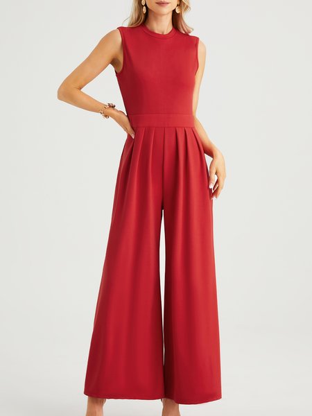 

Crew Neck Casual Plain Sleeveless Jumpsuit, Red, Jumpsuits