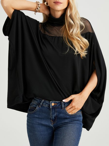 

Loose Plain Turtleneck Elegant Blouse, Black, Blouses and Shirts