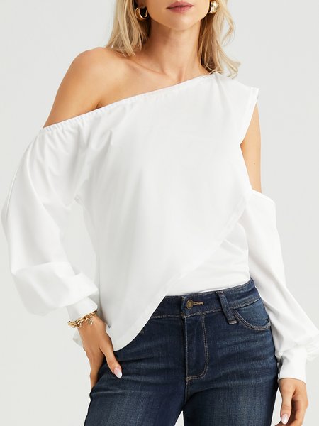 

Asymmetrical Casual Plain Long Sleeve Top, White, Blouses and Shirts