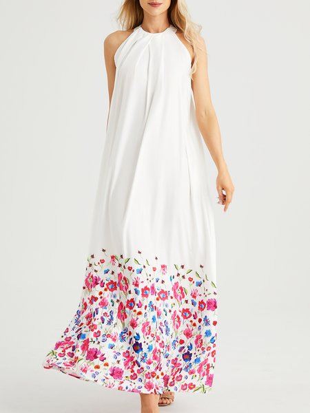

Loosen Halter Elegant Sleeveless Woven Maxi Dress, White, Dresses