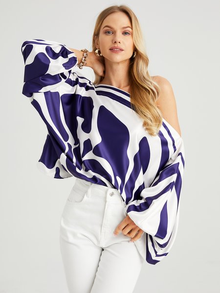 

Stylewe Geometric Print Urban Boat Neck Blouse, Blue, Blouses and Shirts