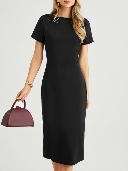 

Short sleeve Regular Fit Boat Neck Plain Dress, Black, Dresses