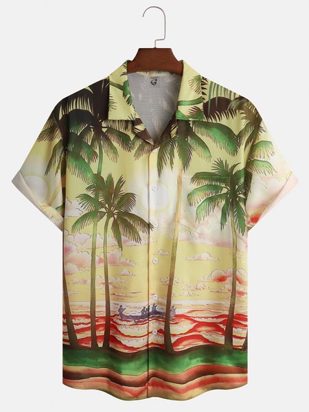 

Coconut Tree Chest Pocket Short Sleeve Aloha Shirt, Yellow, Men Shirts