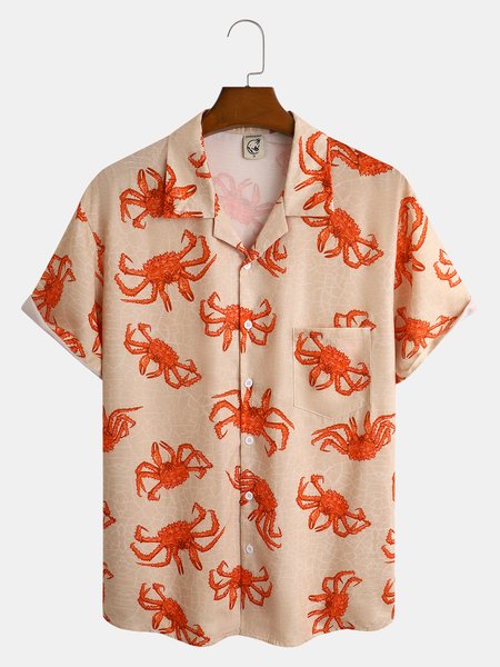 

King Crab Print Chest Pocket Short Sleeve Resort Shirt, Yellow, Men Shirts