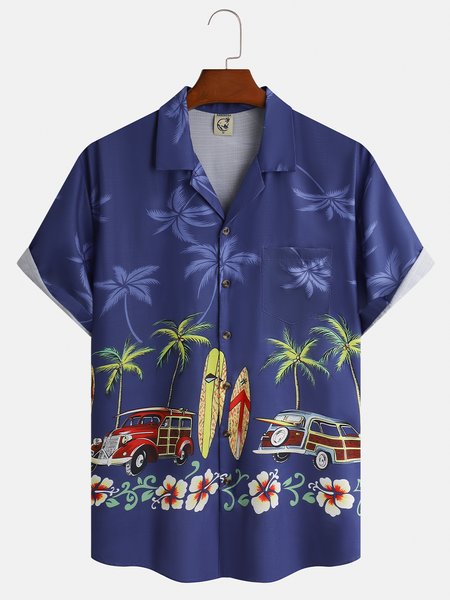 

Coconut Tree Car Chest Pocket Short Sleeve Resort Shirt, Blue, Men Shirts